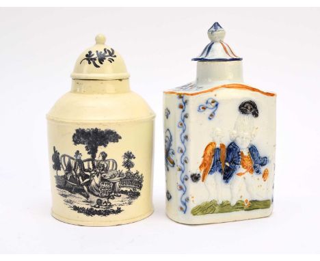 An English prattware 'Macaroni' tea canister with cover, circa 1790-1800, decorated with the figures in relief sponged in pra