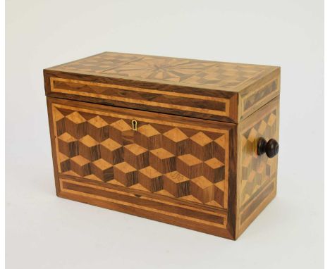 A 19th century parquetry and rosewood tea caddy, early 20th century, with turned carrying handles, the two-division interior 