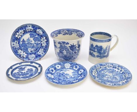 A collection of British blue and white pottery, predominantly 19th centuryincluding a Ridgway hexagonal 'Asiatic Palaces' dis