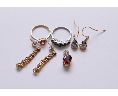 A pair of 9ct gold sapphire and diamond ear pendants, together with a pair of 9ct gold multi-coloured sapphire earrings, a 9c