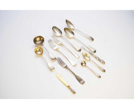 A harlequin collection of flatware, comprising; three Old English pattern tablespoons, two Fiddle pattern sauce ladles, two t