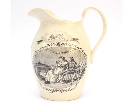 An early 19th-century creamware jug, of Grecian helmet form, transfer-printed in black with 'Conjugal Felicity' and subsidiar
