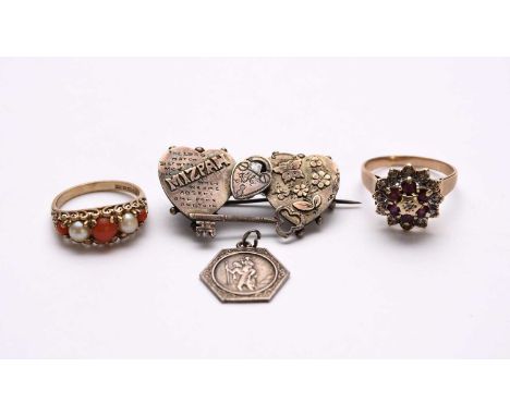 A 9ct golf coral and split pearl set ring, size N 1/2, together with a 9ct gold diamond and ruby cluster ring, size S 1/2, to