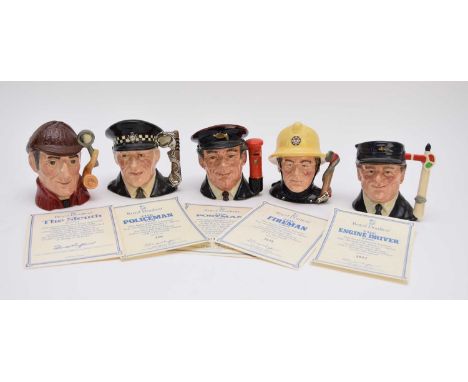Five Royal Doulton character jugs, "Journey Through Britain", "The Postman," "The Fireman", "The Engine Driver", "The Policem