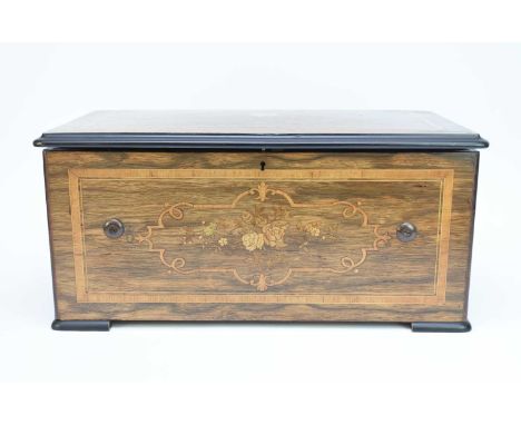 A late 19th century Swiss inlaid rosewood music box, the case inlaid with marquetry flowers and foliage, the movement playing