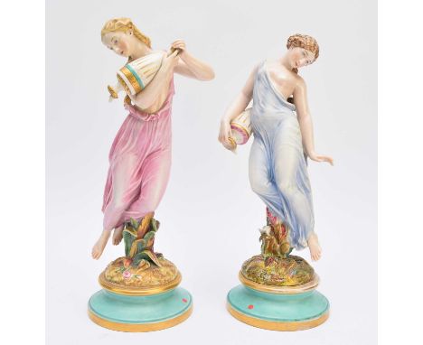 A pair of Royal Worcester figures of 'Morning Dew' and 'Evening Dew', late 19th century, the coloured enamel figures modelled