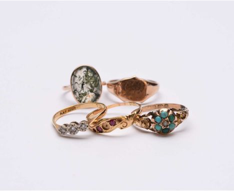 A collection of five rings, comprising; a 9ct gold signet ring, size Q, a 9ct gold turquoise and seed pearl floral cluster ri