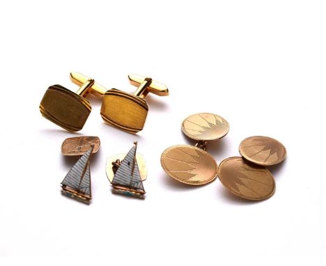 A pair of 9ct gold and enamel cufflinks, each formed as an enamelled sailing boat with attached engraved crest plaque, togeth