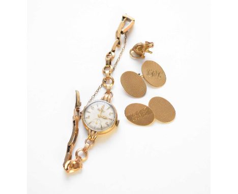 A pair of 9ct gold cufflinks, with engraved initials, weight approx 6.9g, together with a 9ct gold lady's Rotary wristwatch o