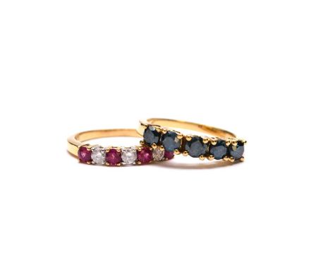 An 18ct gold seven stone pink sapphire and diamond ring, size P, together with an 18ct gold five stone treated blue diamond r