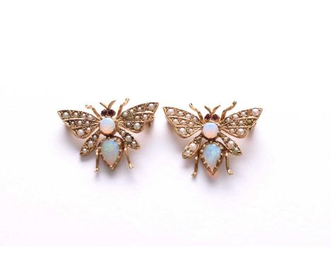 Two 9ct gold opal, seed pearl and ruby set butterfly brooches, each approx 27mm wide, total weight approx 6.6g (2)