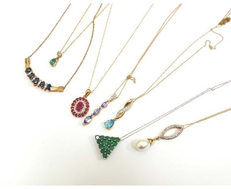 A 9ct gold sapphire and diamond necklace, together with a 9ct gold ruby and diamond pendant suspended from chain, a 9ct gold 