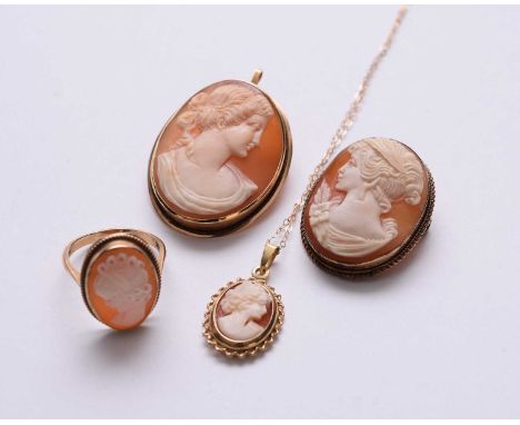 A collection of shell cameo jewellery, comprising; a 9ct gold ring, size O, a 9ct gold mounted brooch, a yellow metal mounted