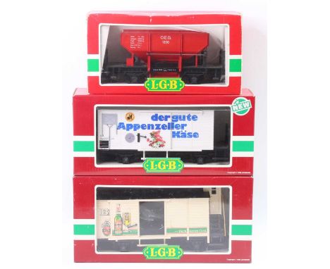 LGB Lehmann G Scale Rolling stock group, 3 examples all boxed, to include No.4041 Ballast Wagon, No.4328 Kase Box Van, and a 