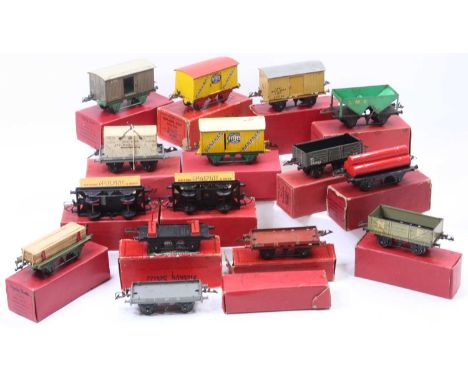 Large tray containing fifteen pre &amp; post-war 4-wheel wagons including vans, cement, hopper, banana, cattle, tipping, open