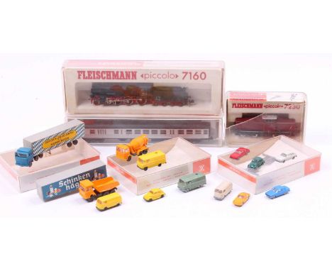 Various N gauge items: Fleischmann 7160, 4-6-0 loco &amp; tender (E-BE); Fleischmann 7230 centre cab diesel, red (E-BP); Flei