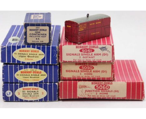 Hornby Dublo manual signals and containers: 5 single home, 3 single distant, 2 junction home, 2 double arm. With one each fur