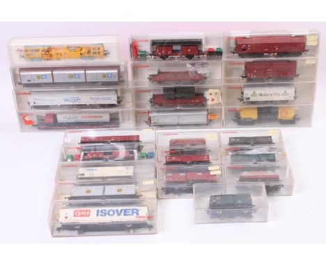 Twenty four Fleischmann H0 continental goods wagons (a couple of duplicates) (E- clear plastic BVG-E)