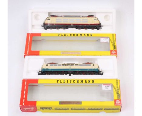 Two Fleischmann H0 Co-Co electric locos: 4375 red &amp; cream DB no.103 142-6; 4381 blue &amp; cream DB no.151 107-0, both (E