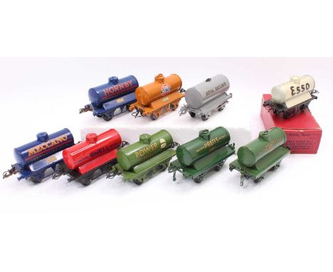 Nine Hornby tank wagons, two original (Esso Silver &amp; Power with hand); two certain repaints (Shell Motor Spirit &amp; Pra