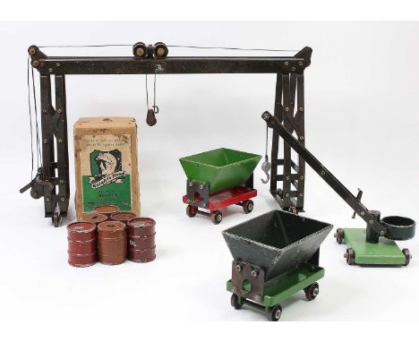 Knights Head Chad Valley Steel Overhead Gantry with operational crane, together with 6 barrells, 2 hopper wagons and a crane 