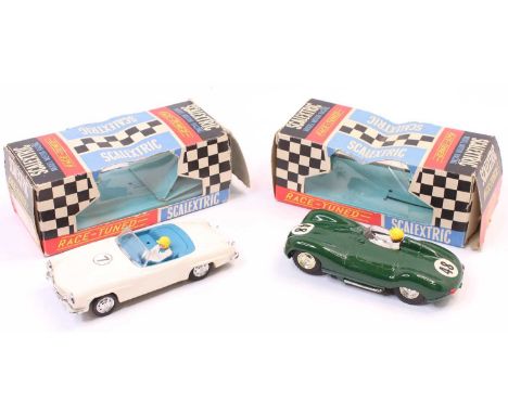 2 Scalextric 1/32nd scale boxed slot cars to include, No. C75 Mercedes 190SL in white with driver figure, and No. C60 Jaguar 