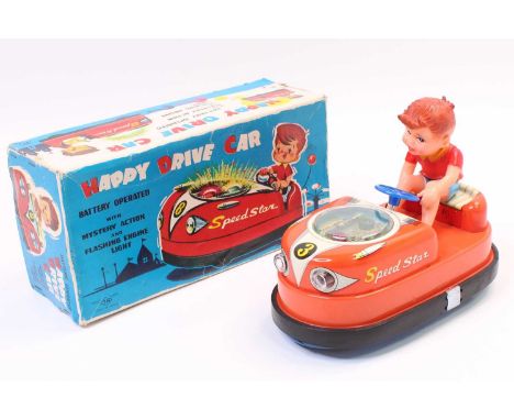 Nomura (TN Toys of Japan) tinplate and battery operated model of a Happy Drive "Dodgem" Car, comprising red body with Racing 