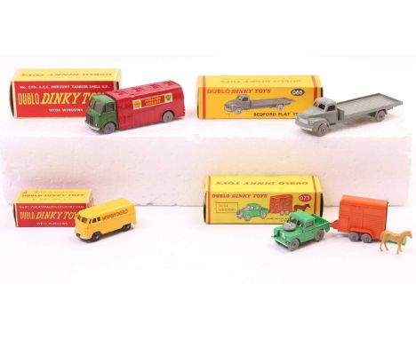 Four Dublo Dinky Toys: 070 AEC Mercury tanker, with windows, grey treaded wheels (NM-BNM); 066 Bedford Flat truck, grey tread