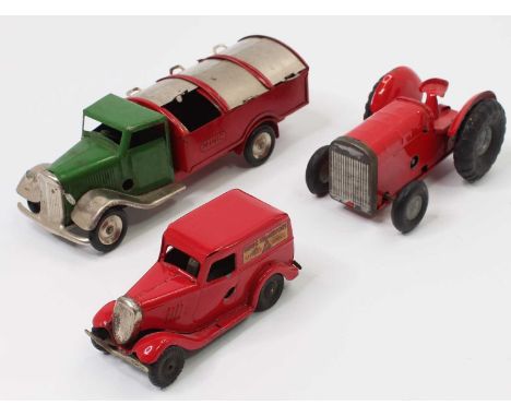 Triang Minic group of 3 models to include, Refuse Lorry with a green cab, red back and plated wings, grille &amp; shutters, T