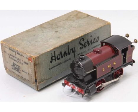 1936-41 Hornby M3 clockwork, tinprinted, tank loco, 0-4-0 LMS 2270 fitted with 12-spoke wheels, rods &amp; cylinders. Missing