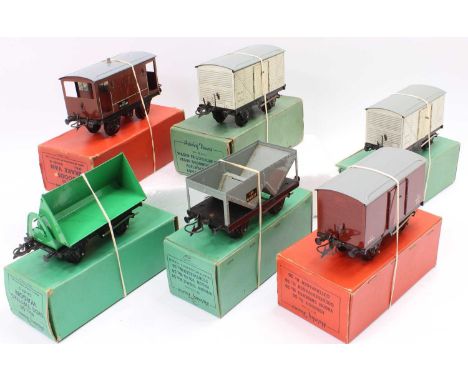 Five No.50 Hornby wagons: Goods van (E-BE orange); Refrigerator van (VG-BG green); another (VG-BF green); McAlpine side tippi