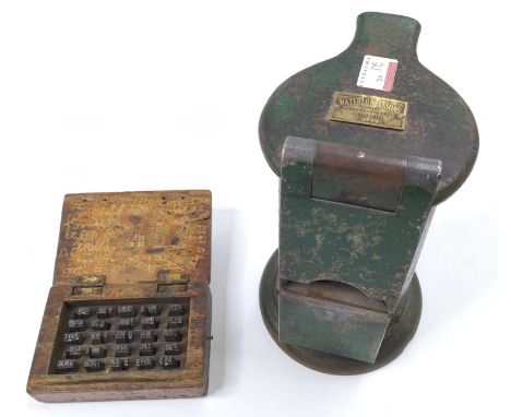 A Waterlow Ticket dating press, with a wooden box of matching types