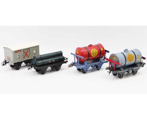 Four Hornby repainted wagons: GW gunpowder van, light grey body with correct markings (E) as repaint; Colas tanks, one blue o