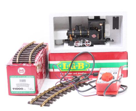 LGB 20140 0-4-0 steam outline O&amp;K loco, black lined redigital, black, (E-NM); with a box of 12 x 11000 curved track 600mm