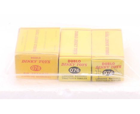 Dublo Dinky Toys: Two 076 Lansing Bagnall Tractor &amp; Trailer (M-BE) with one box 078 containing six trailers (M-BNM)