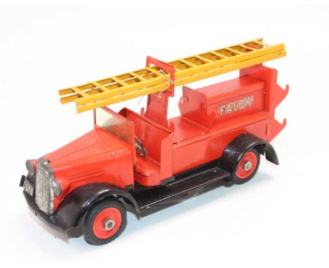 A Tekno No. 351 tinplate Falck fire engine comprising of orange to red body with black chassis and running boards, and a yell