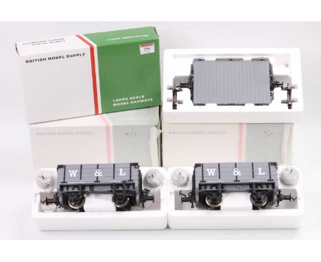 Three BMS (Accucraft) W &amp; L wagons: R19-3A open wagon, light grey no.12; ditto no.11 and flat wagon R19-4A no.17, light g