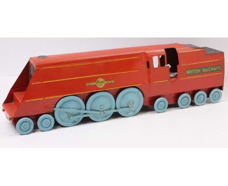 Leeway Products of England large scale tinplate and push along British Railway Locomotive and tender, finished in red and lin