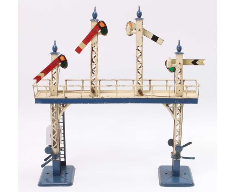 1928 Hornby Signal Gantry No.2 grey-blue bridge lining, bases, ladder, finials &amp; levers. Home and red Distant notched arm