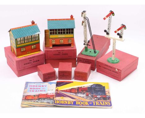Box of Hornby accessories: 1934-4 No.1 Signal cabin, darker blue round tiled roof, red green &amp; yellow building, no dustbi