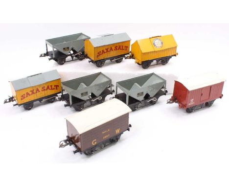 Eight Hornby post-war wagons: 3 No.50 Hopper; 2 No.50 Saxa Salt; Portland Cement; GW milk and NE goods van. Overall (G-VG)