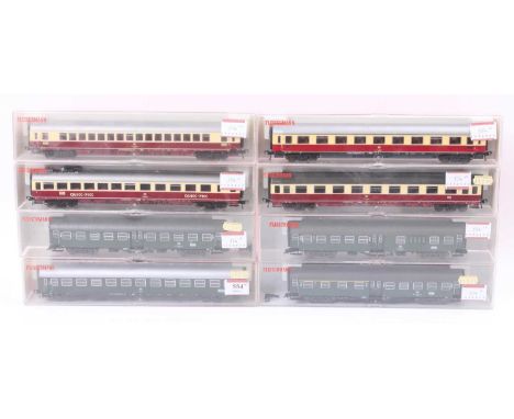 Eight Fleischmann DB H0 coaches: One each red &amp; cream 5160/5161/5163 &amp; 5165 EMU driving coach; one each green 5127/51