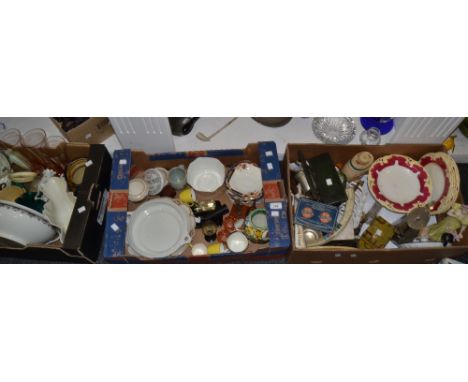 Household goods - a tin in the form of a fishing reel; Staffordshire part tea service; glassware; etc (3 boxes)