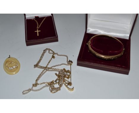 Jewellery - a 9ct gold hinge bangle;  a cross pendant on curb link chain;  a silver chain etc