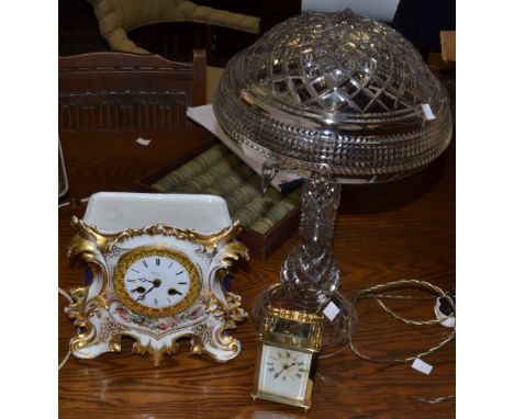 A cut glass table lamp, cut glass mushroom shaped shade, c1905; a brass carriage clock, Roman numerals; a French Henry and Co