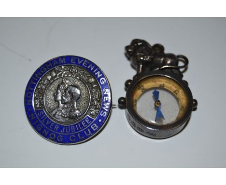 A silver compass, lion finial, Birmingham 1899;  a silver Badge, Nottingham Evening News Nignog Club badge