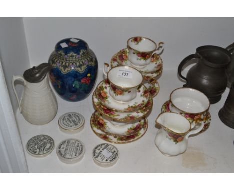 Ceramics - Royal Albert Old Country Roses pattern, cream jug, sugar bowl, cups , saucers and side plates ; pot lids; Losol Wa