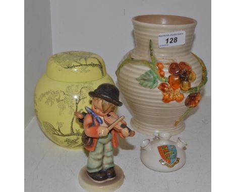 A Clarice Cliff My Garden pattern ribbed ovoid vase;  a Goebel figure, signed MJ Hummel, THe Violinist'  a Mason ginger jar; 