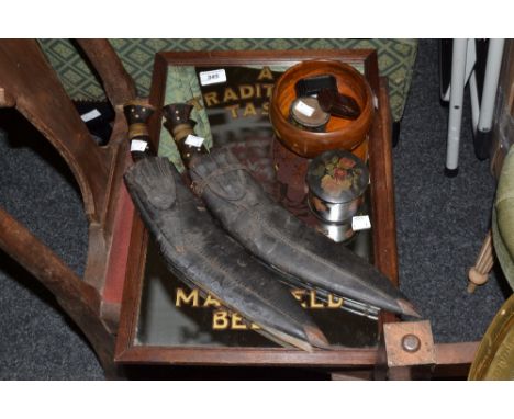Boxes and Objects - two Kukri knives;  a papier mache snuff box;  another Bakelite;  an advertising mirror;  etc 