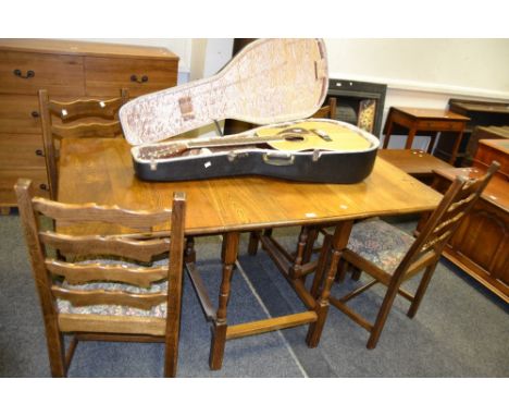 A mid 20th Century oak gate leg dining table; a set of four ladder back oak dining chairs, 'h' stretchers (5)